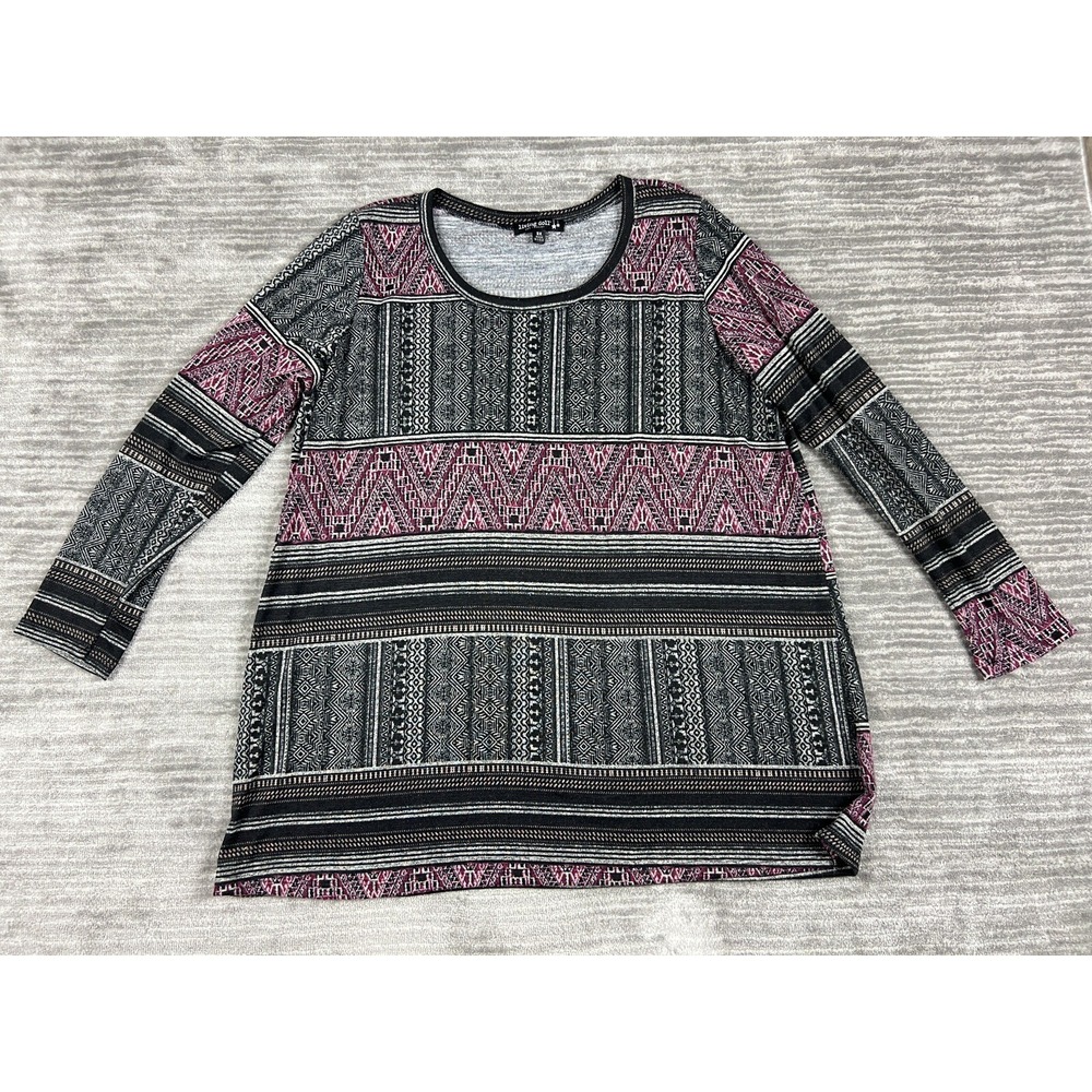 Living Doll Top Womens 3X Black Gray Burgundy Geometric Tribal Print Long Sleeve
